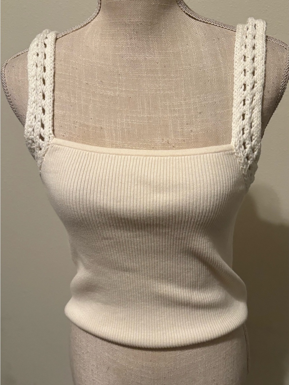 Aerie Cream Ribbed Tank with Crochet Straps